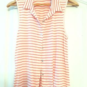 Peach striped button up sleeveless blouse